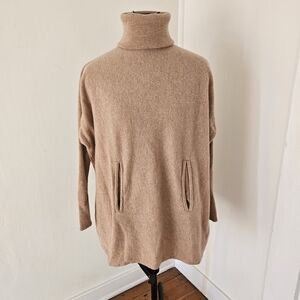 Garnet Hill Camel Tan Wool/Cashmere Turtleneck Sweater Kangaroo Pocket Womens M